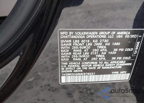 2021 Volkswagen Atlas 3.6L V6 Sel from USA, damaged, VIN 1V2BR2CA9MC576221